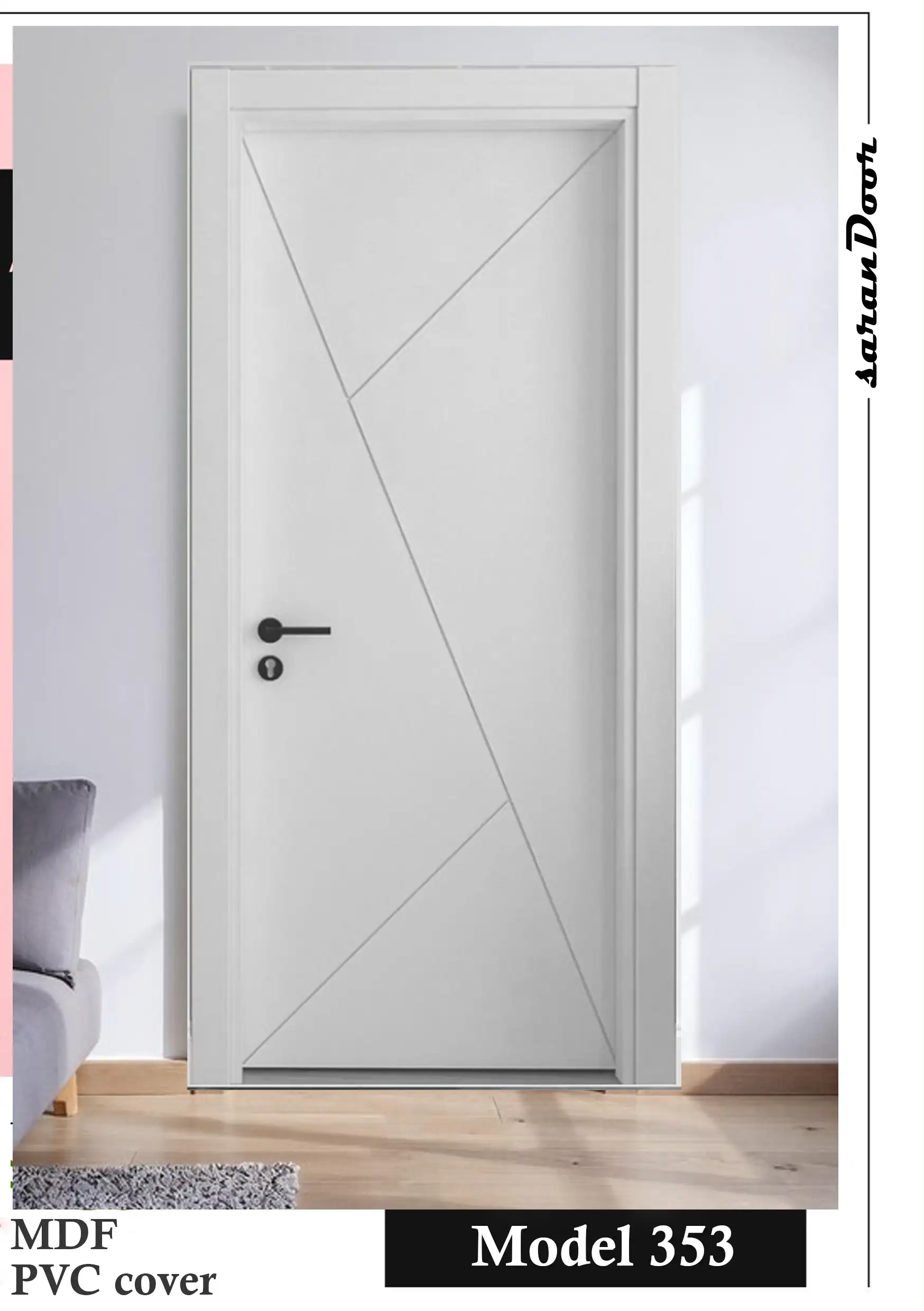 درب اتاقی مدل 353 با MDF و روکش PVC سفید، طراحی هندسی با خطوط مورب و دستگیره مشکی؛ مناسب اتاق خواب، فضای اداری و دکوراسیون مدرن.